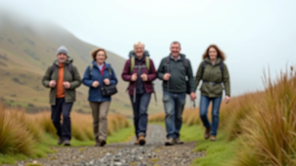 Group of adults enjoying a countryside walking tour on a misty Irish hillside with rolling green landscapes