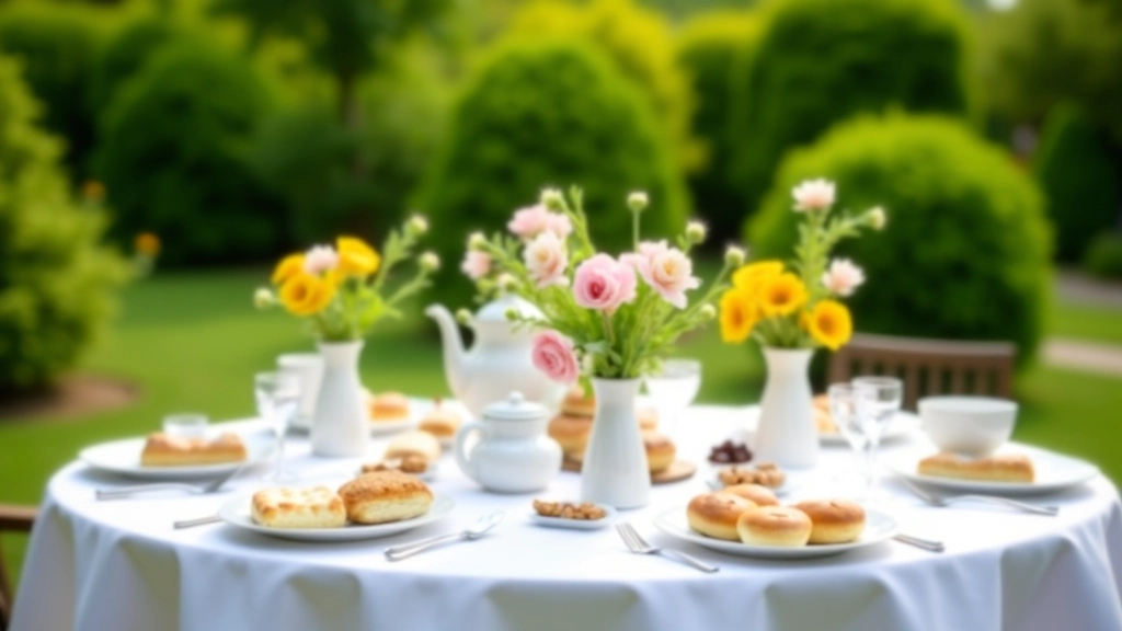Elegantly set outdoor garden table with flowers, tea service, and place settings for an afternoon social gathering