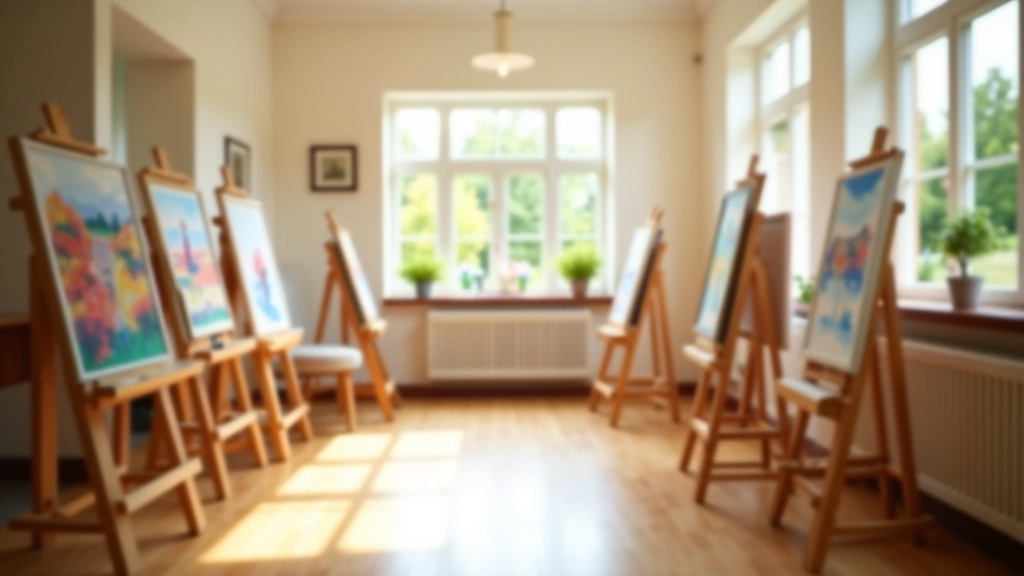 Bright studio classroom with natural light from large windows, easels arranged in circle, cork flooring