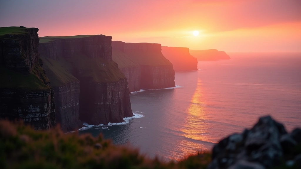 Golden hour sunrise light illuminating coastal cliffs with warm orange and purple tones reflecting on calm water below