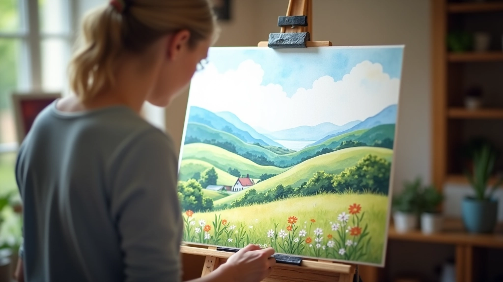 Completed watercolour landscape painting showing rolling hills with layered atmospheric perspective, morning light effect