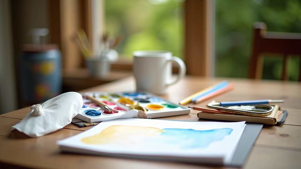 Flat lay of watercolour supplies arranged neatly including paints, brushes, watercolour paper pad, water container on wooden surface