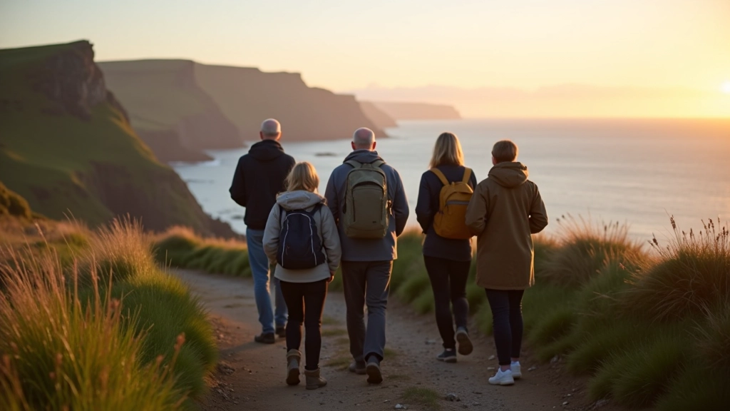 Small group of walkers on a dramatic coastal cliff path overlooking the Atlantic Ocean in County Clare