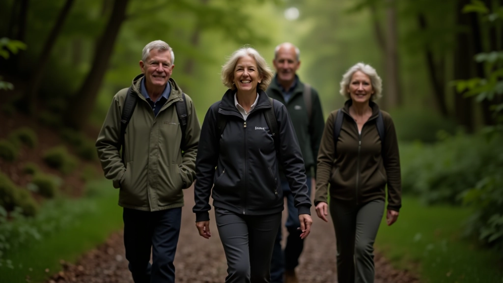 Hikers of mixed ages walking together on a well-maintained trail through woodland, demonstrating accessible walking conditions