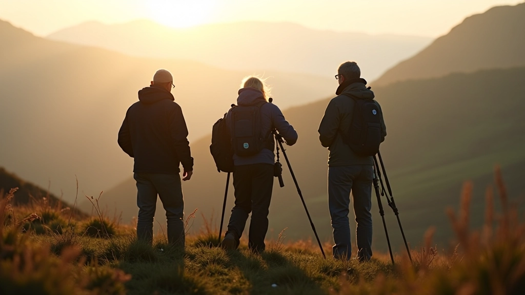 Small group of photographers aged 45-65 setting up equipment on a misty Irish hillside overlooking green valleys