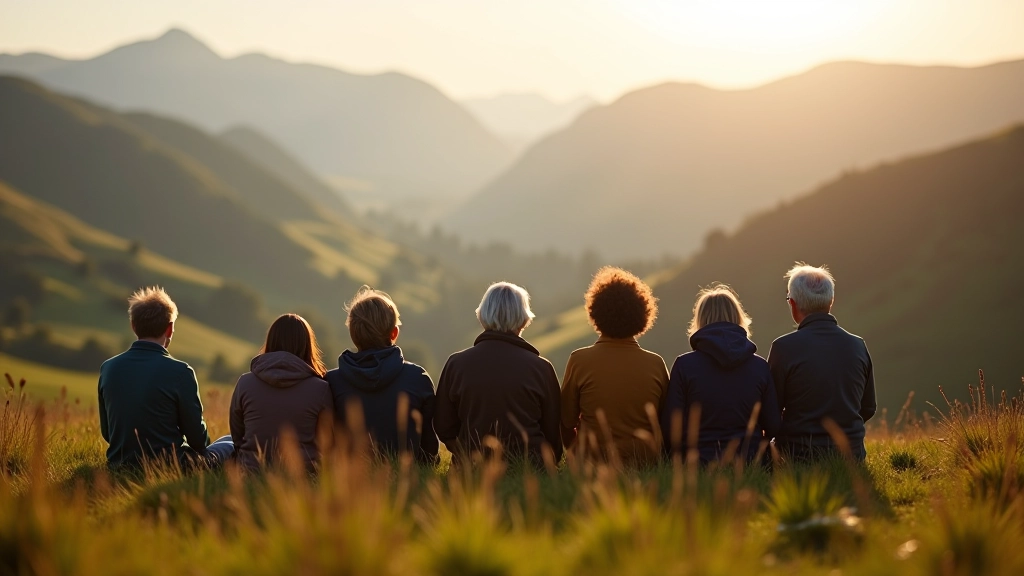 Group of walkers resting on a hillside, looking out over valleys and distant mountains, enjoying a break during their guided walk