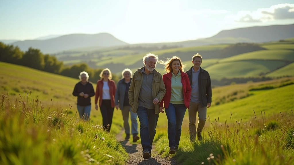 Group of adults enjoying a guided countryside walk in scenic Irish countryside