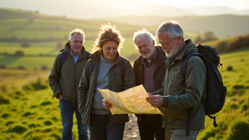 Group of people on a countryside walking trail with maps