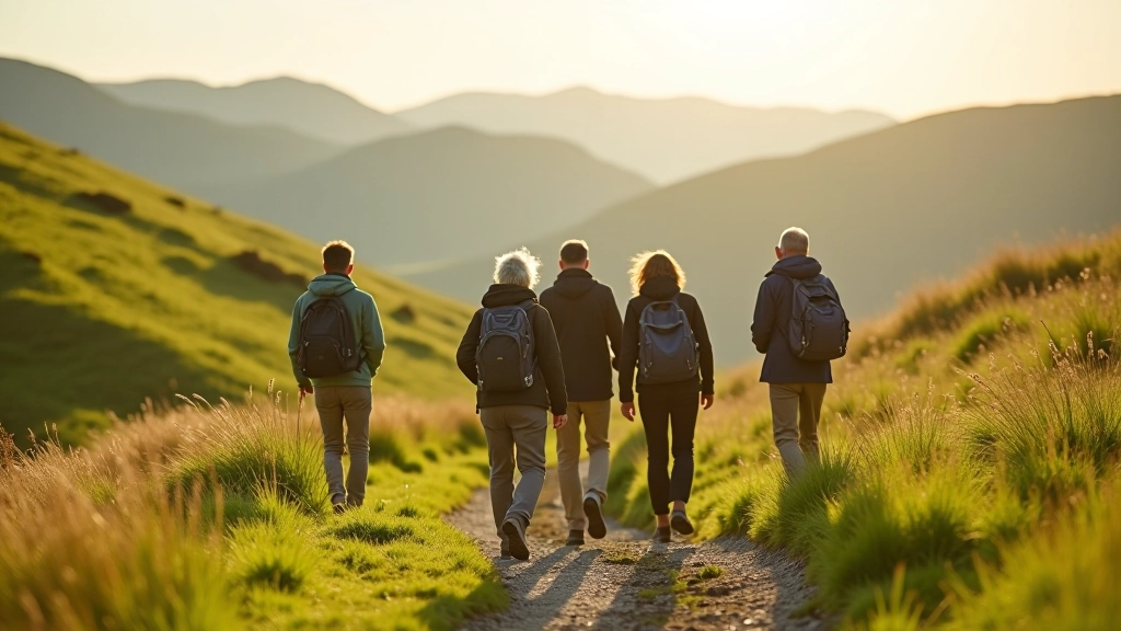 Group of adults walking on a scenic Irish countryside path with rolling green hills in the background