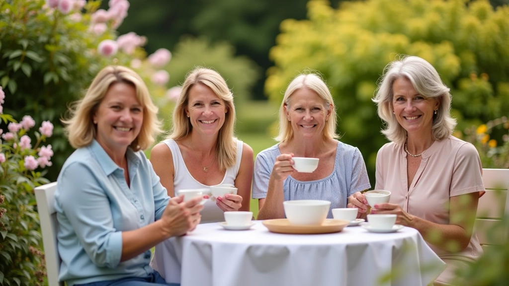 Group of four adults aged 45-65, casually dressed, smiling while holding teacups in a garden setting with flowering bushes behind them, warm afternoon light, outdoor garden background
