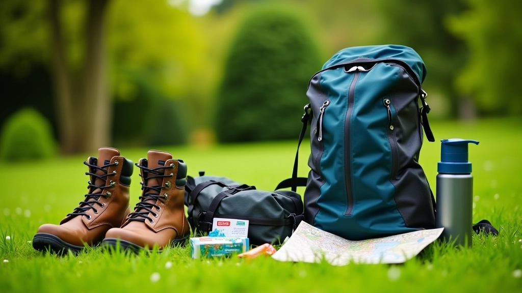 Organized hiking backpack laid out with boots, waterproof jacket, water bottle, snacks, and map displayed neatly on grass