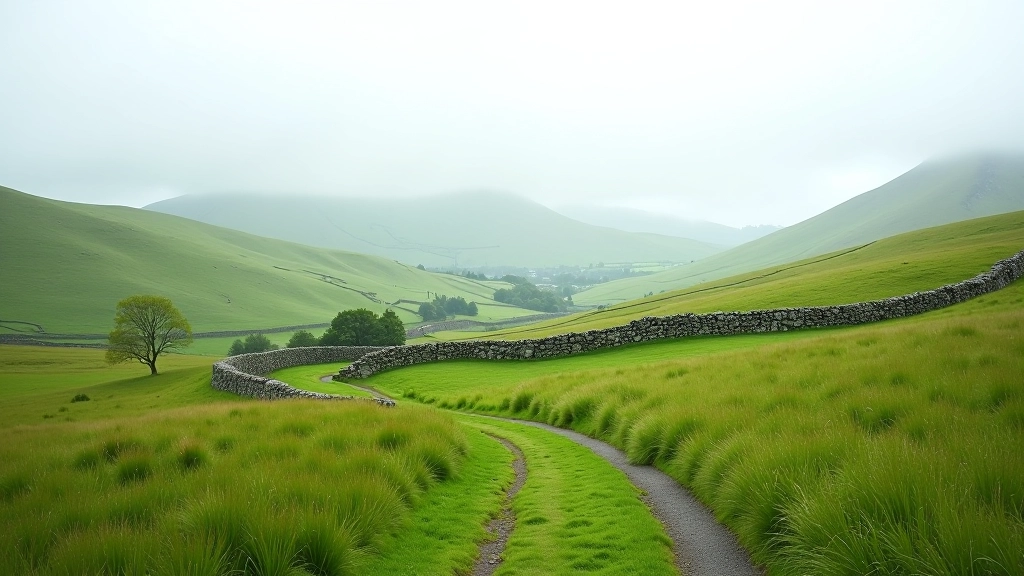Scenic Irish countryside with rolling green hills, stone walls, and distant mountains under soft morning light