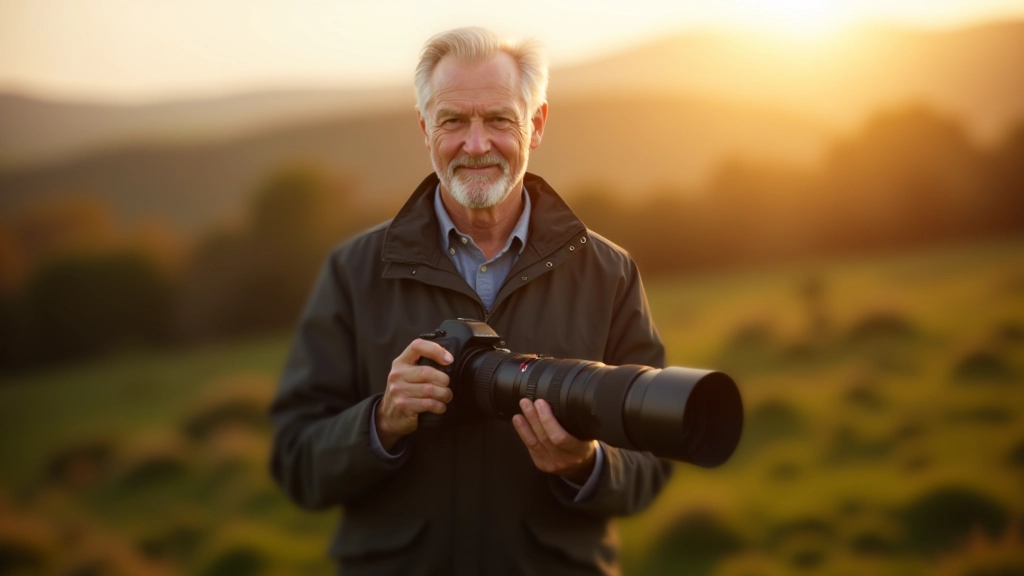 Man holding professional camera with telephoto lens, photographing nature in a green field during golden hour