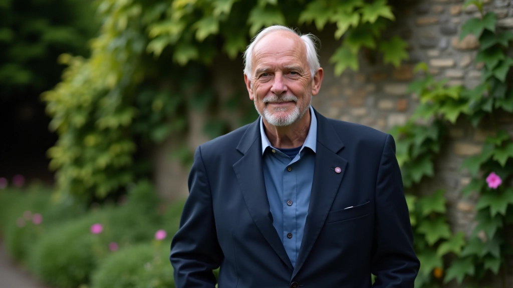 Man aged 60, fully clothed in navy blazer and light blue shirt, standing near a stone garden wall with ivy and flowering vines, professional portrait from chest up, garden background