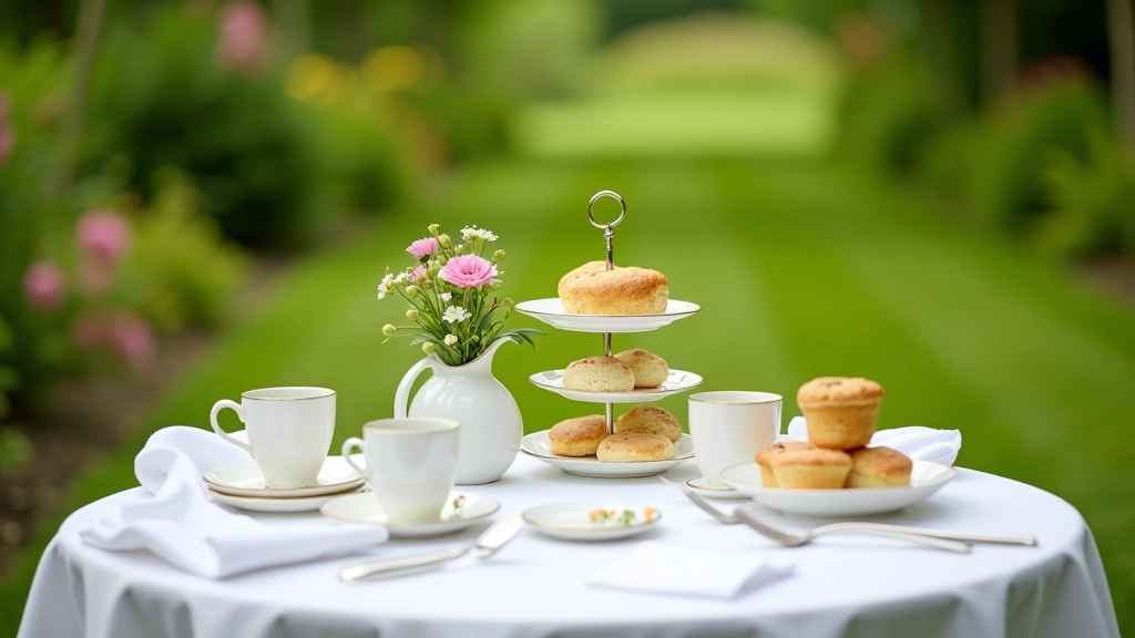 Overhead view of a garden table setting with white linens, fresh flowers, teacups, scones on tiered stands, and garden landscape visible in soft-focus background, natural daylight