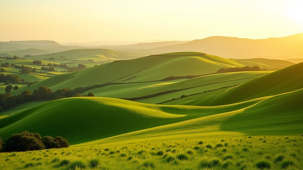 Rolling green hills in Irish countryside