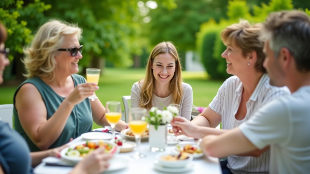 Garden gathering with people enjoying refreshments outdoors