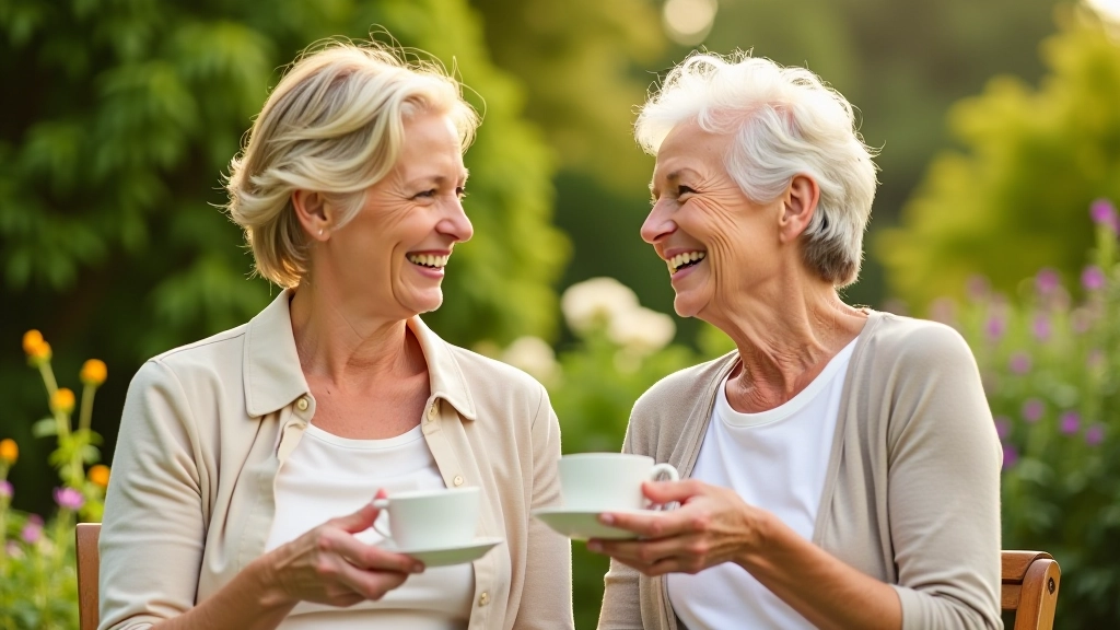 Two women aged 50 and 62, fully clothed in garden party attire, laughing together while holding teacups, seated in a garden with green foliage and flowers in background, warm afternoon lighting