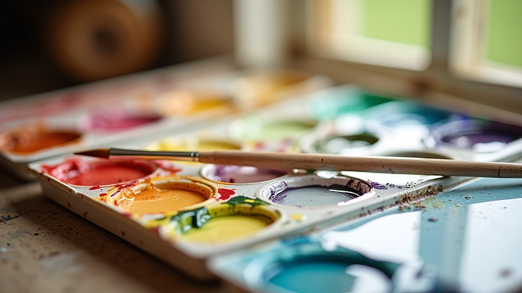 Close-up of watercolour palette with vibrant pigments and brushes soaking in water, natural afternoon light