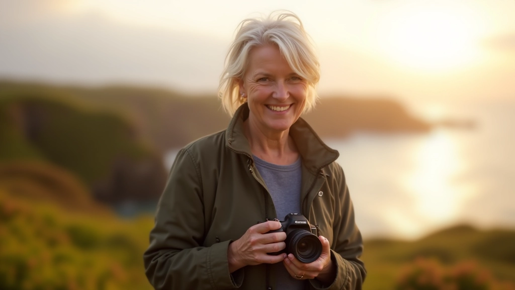 Woman aged 52 standing outdoors with camera, golden hour lighting, coastal Irish landscape background