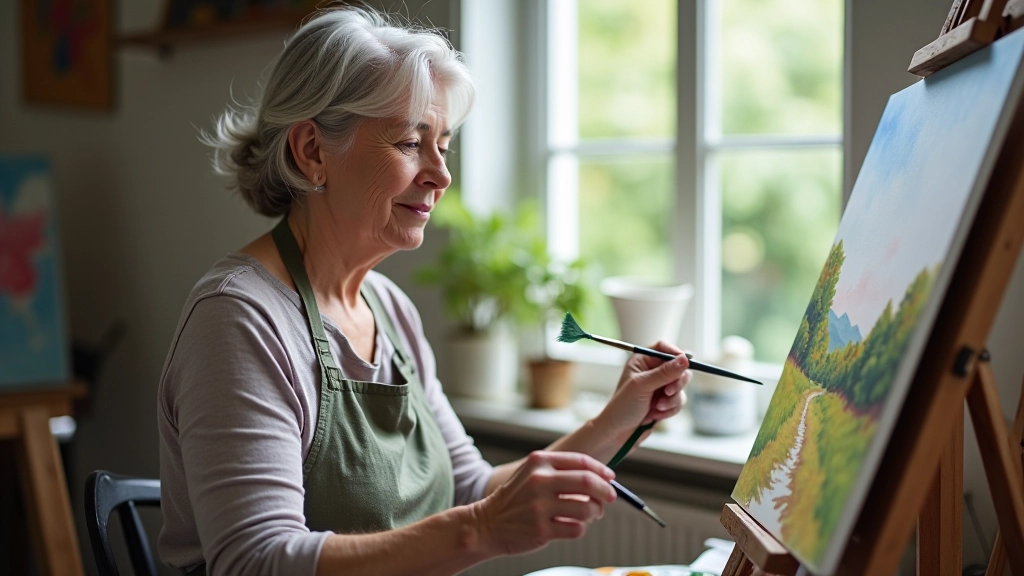 Woman aged 50 seated at an easel with watercolour painting supplies, concentrating on her landscape artwork