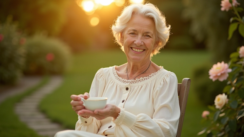 Woman aged 55, fully clothed in cream linen dress, holding a teacup and smiling warmly in a garden with roses and stone pathways, golden hour lighting, relaxed posture
